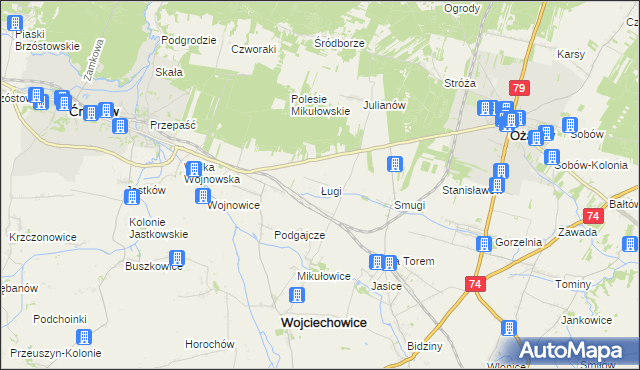 mapa Ługi gmina Wojciechowice, Ługi gmina Wojciechowice na mapie Targeo