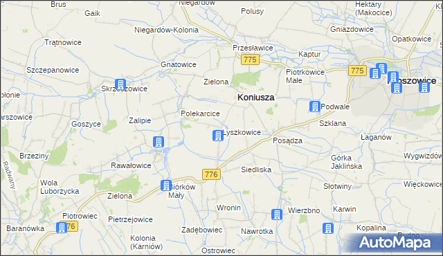 mapa Łyszkowice gmina Koniusza, Łyszkowice gmina Koniusza na mapie Targeo