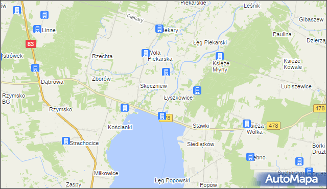 mapa Łyszkowice gmina Pęczniew, Łyszkowice gmina Pęczniew na mapie Targeo