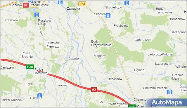 mapa Majdany gmina Dąbie, Majdany gmina Dąbie na mapie Targeo