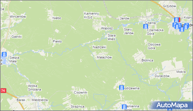 mapa Małachów gmina Końskie, Małachów gmina Końskie na mapie Targeo
