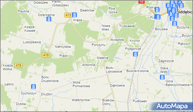 mapa Malenie gmina Poddębice, Malenie gmina Poddębice na mapie Targeo