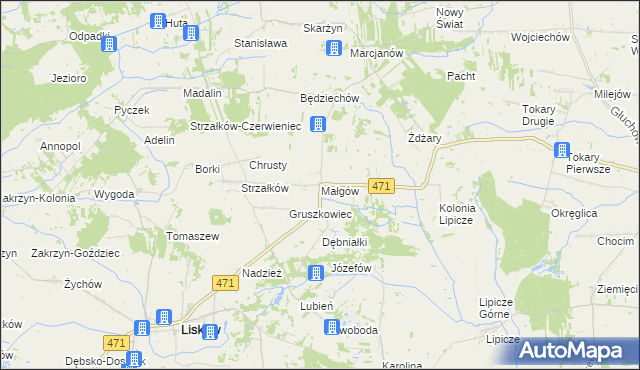 mapa Małgów gmina Lisków, Małgów gmina Lisków na mapie Targeo