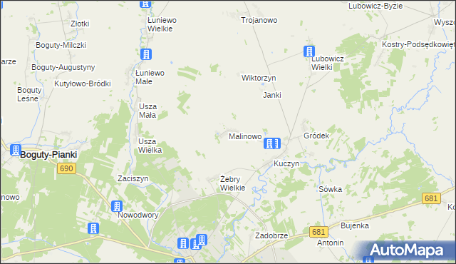 mapa Malinowo gmina Klukowo, Malinowo gmina Klukowo na mapie Targeo