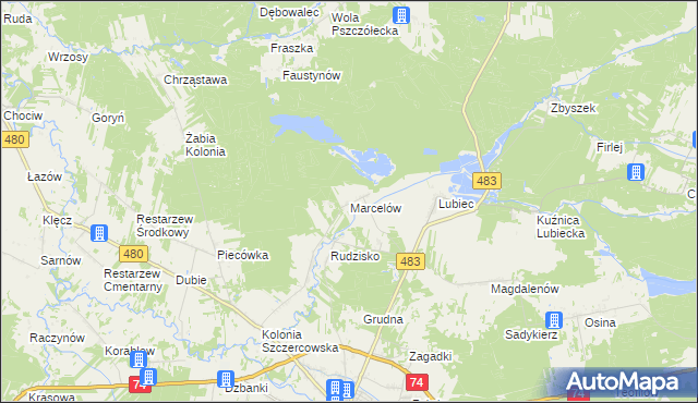 mapa Marcelów gmina Szczerców, Marcelów gmina Szczerców na mapie Targeo