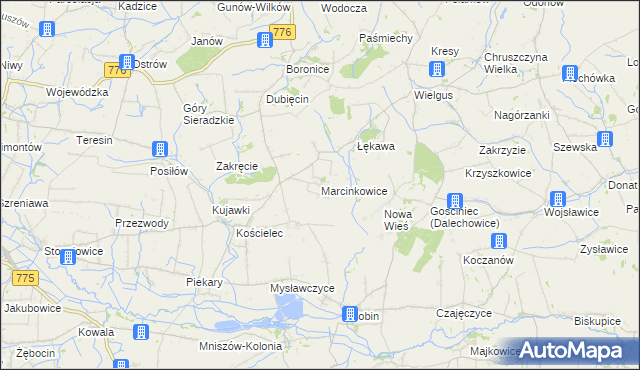 mapa Marcinkowice gmina Kazimierza Wielka, Marcinkowice gmina Kazimierza Wielka na mapie Targeo