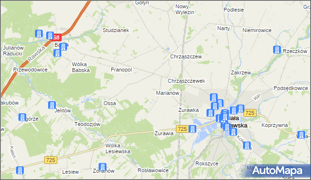 mapa Marianów gmina Biała Rawska, Marianów gmina Biała Rawska na mapie Targeo