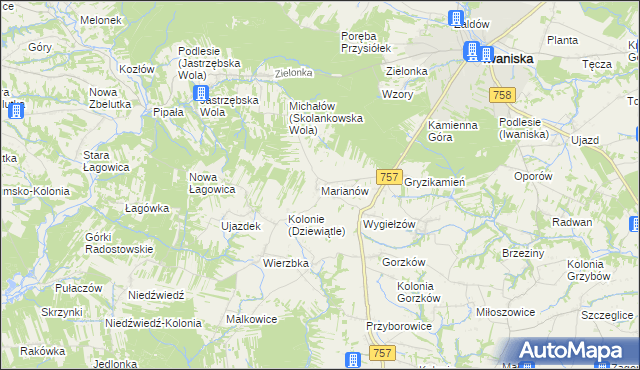 mapa Marianów gmina Iwaniska, Marianów gmina Iwaniska na mapie Targeo