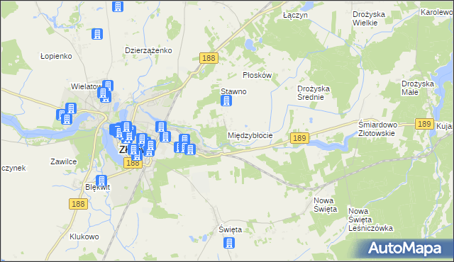 mapa Międzybłocie gmina Złotów, Międzybłocie gmina Złotów na mapie Targeo