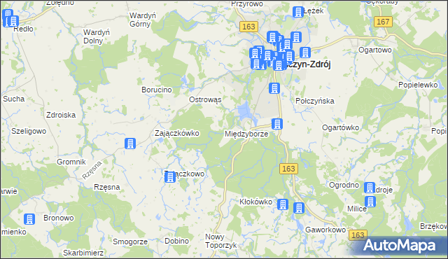 mapa Międzyborze gmina Połczyn-Zdrój, Międzyborze gmina Połczyn-Zdrój na mapie Targeo