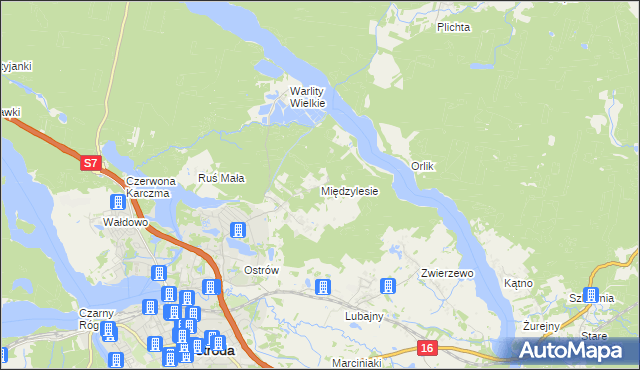 mapa Międzylesie gmina Ostróda, Międzylesie gmina Ostróda na mapie Targeo