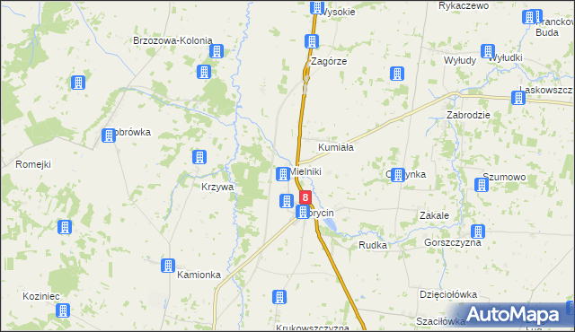 mapa Mielniki gmina Korycin, Mielniki gmina Korycin na mapie Targeo