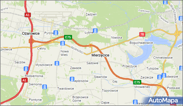 mapa Mierzęcice, Mierzęcice na mapie Targeo