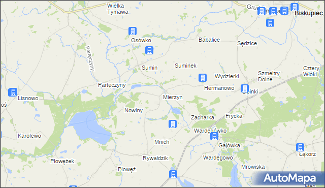 mapa Mierzyn gmina Biskupiec, Mierzyn gmina Biskupiec na mapie Targeo