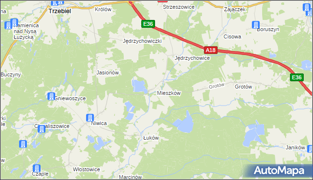 mapa Mieszków gmina Trzebiel, Mieszków gmina Trzebiel na mapie Targeo