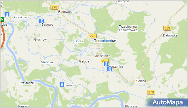 mapa Mieszkowo gmina Trzebiechów, Mieszkowo gmina Trzebiechów na mapie Targeo