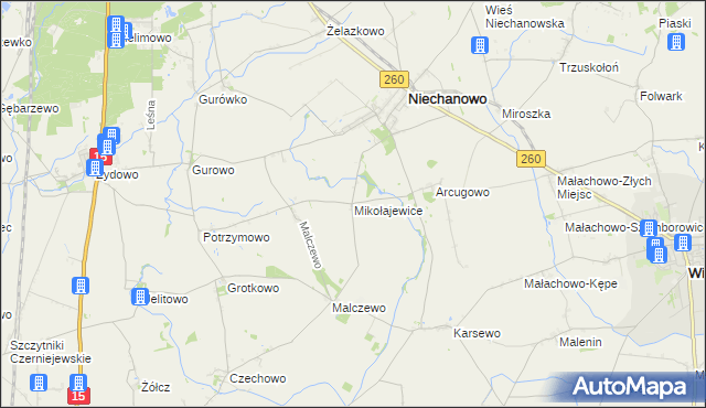 mapa Mikołajewice gmina Niechanowo, Mikołajewice gmina Niechanowo na mapie Targeo