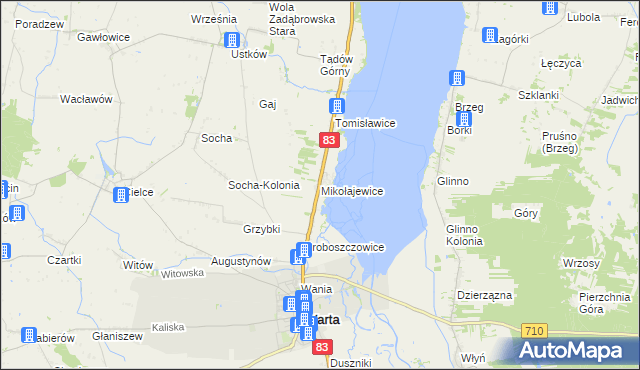 mapa Mikołajewice gmina Warta, Mikołajewice gmina Warta na mapie Targeo