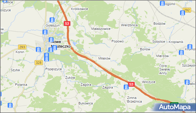mapa Miłaków gmina Nowe Miasteczko, Miłaków gmina Nowe Miasteczko na mapie Targeo