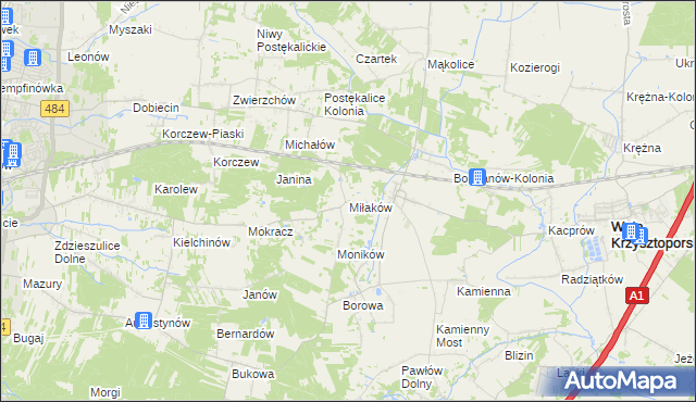 mapa Miłaków gmina Wola Krzysztoporska, Miłaków gmina Wola Krzysztoporska na mapie Targeo