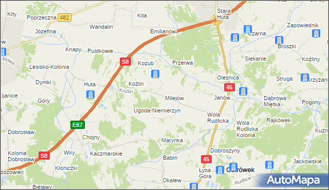 mapa Milejów gmina Ostrówek, Milejów gmina Ostrówek na mapie Targeo