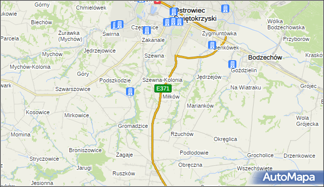 mapa Miłków gmina Bodzechów, Miłków gmina Bodzechów na mapie Targeo