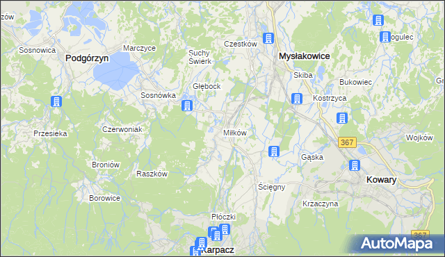 mapa Miłków gmina Podgórzyn, Miłków gmina Podgórzyn na mapie Targeo