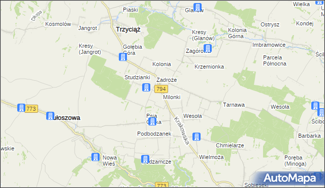 mapa Milonki gmina Trzyciąż, Milonki gmina Trzyciąż na mapie Targeo