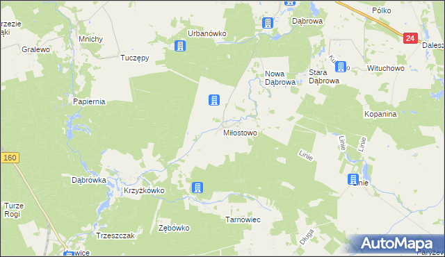 mapa Miłostowo gmina Kwilcz, Miłostowo gmina Kwilcz na mapie Targeo