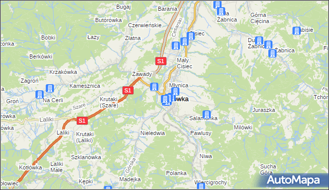 mapa Milówka powiat żywiecki, Milówka powiat żywiecki na mapie Targeo