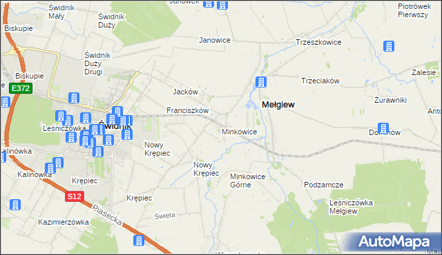 mapa Minkowice gmina Mełgiew, Minkowice gmina Mełgiew na mapie Targeo