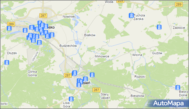 mapa Mirkowice gmina Jasień, Mirkowice gmina Jasień na mapie Targeo