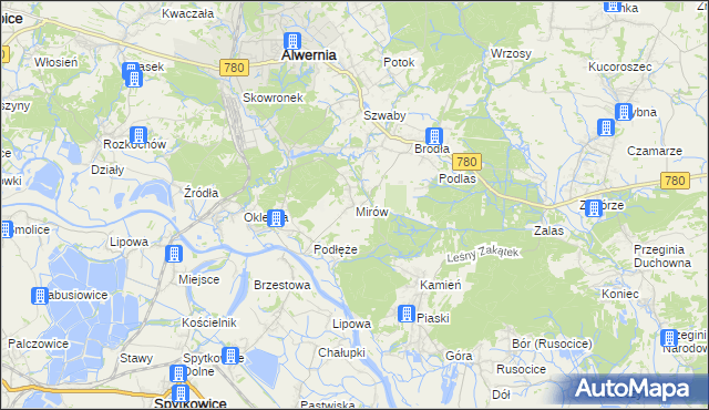 mapa Mirów gmina Alwernia, Mirów gmina Alwernia na mapie Targeo