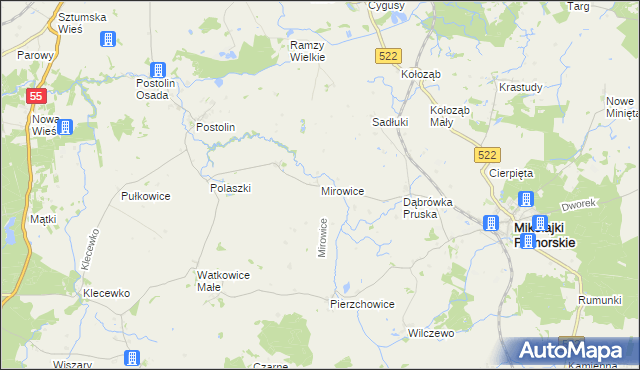 mapa Mirowice gmina Mikołajki Pomorskie, Mirowice gmina Mikołajki Pomorskie na mapie Targeo