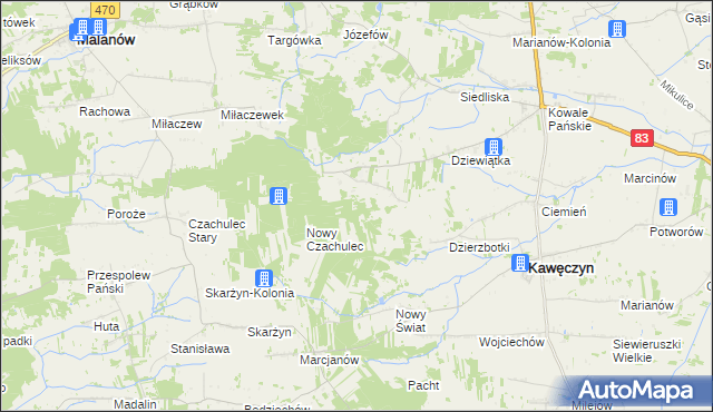 mapa Młodzianów gmina Kawęczyn, Młodzianów gmina Kawęczyn na mapie Targeo