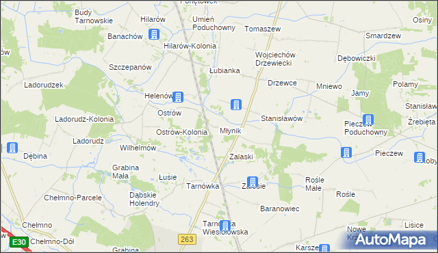 mapa Młynik gmina Olszówka, Młynik gmina Olszówka na mapie Targeo