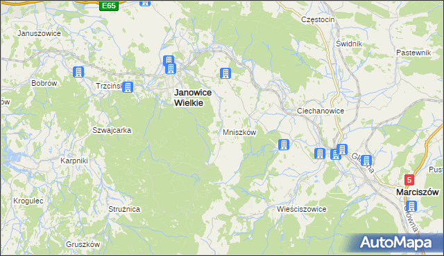 mapa Mniszków gmina Janowice Wielkie, Mniszków gmina Janowice Wielkie na mapie Targeo