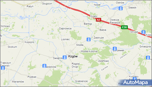 mapa Modła gmina Rzgów, Modła gmina Rzgów na mapie Targeo