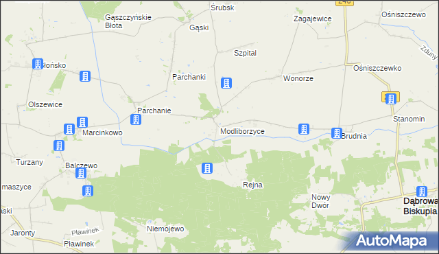 mapa Modliborzyce gmina Dąbrowa Biskupia, Modliborzyce gmina Dąbrowa Biskupia na mapie Targeo