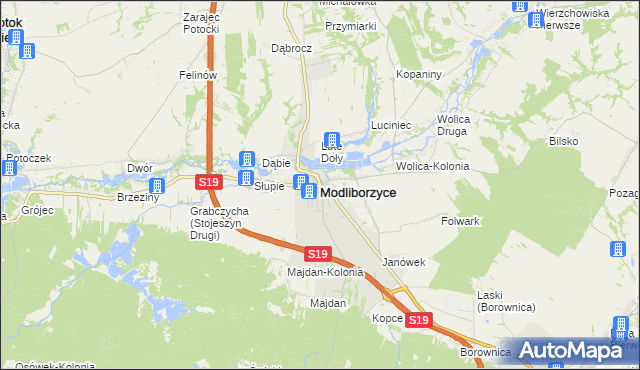 mapa Modliborzyce powiat janowski, Modliborzyce powiat janowski na mapie Targeo