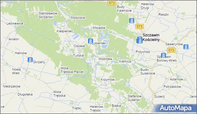 mapa Modrzew gmina Szczawin Kościelny, Modrzew gmina Szczawin Kościelny na mapie Targeo