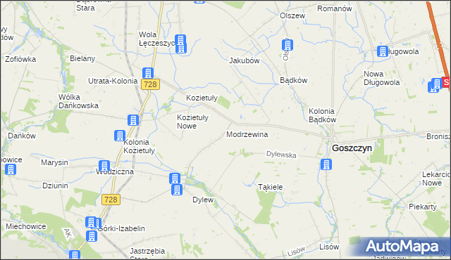 mapa Modrzewina gmina Goszczyn, Modrzewina gmina Goszczyn na mapie Targeo