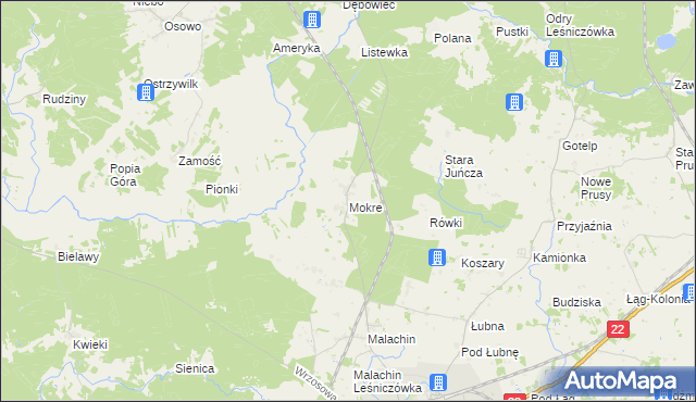 mapa Mokre gmina Czersk, Mokre gmina Czersk na mapie Targeo