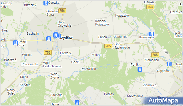 mapa Mokre gmina Szydłów, Mokre gmina Szydłów na mapie Targeo