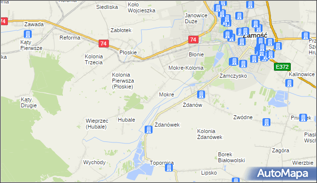 mapa Mokre gmina Zamość, Mokre gmina Zamość na mapie Targeo