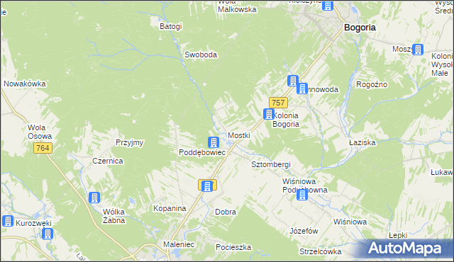 mapa Mostki gmina Staszów, Mostki gmina Staszów na mapie Targeo