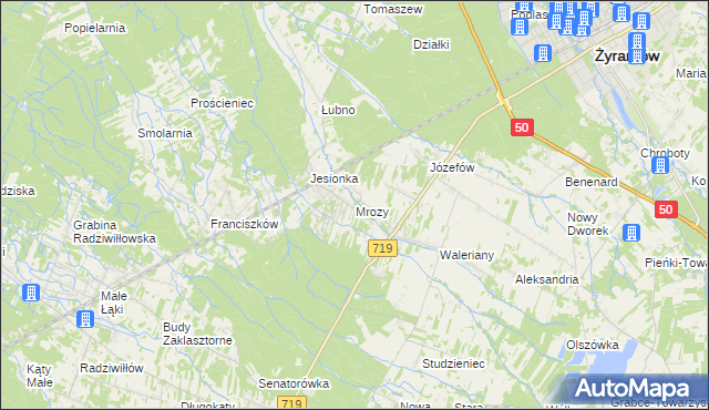 mapa Mrozy gmina Puszcza Mariańska, Mrozy gmina Puszcza Mariańska na mapie Targeo