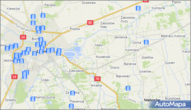 mapa Mysłaków gmina Nieborów, Mysłaków gmina Nieborów na mapie Targeo