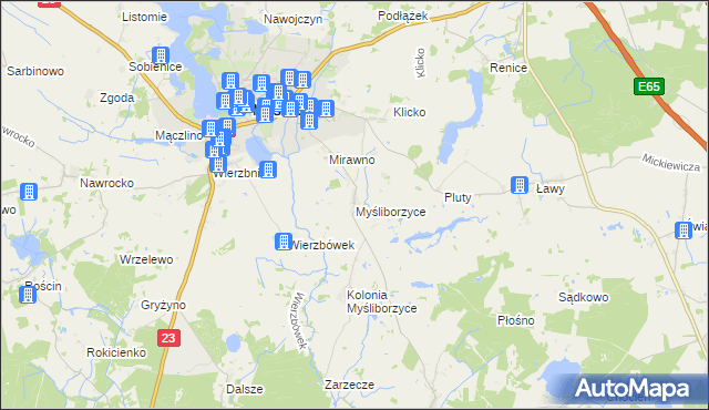 mapa Myśliborzyce gmina Myślibórz, Myśliborzyce gmina Myślibórz na mapie Targeo