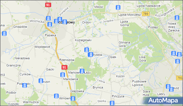 mapa Mysłów gmina Koziegłowy, Mysłów gmina Koziegłowy na mapie Targeo